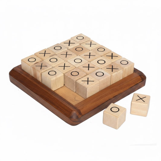 Woodtastic wooden tic tac toe game board with 'X' and 'O' wooden blocks. Natural wood finish.