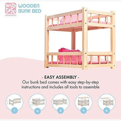Holz Puppenetagenbett für Puppen bis 36 cm - Puppenbett Rosa mit Bettwäsche und Leiter