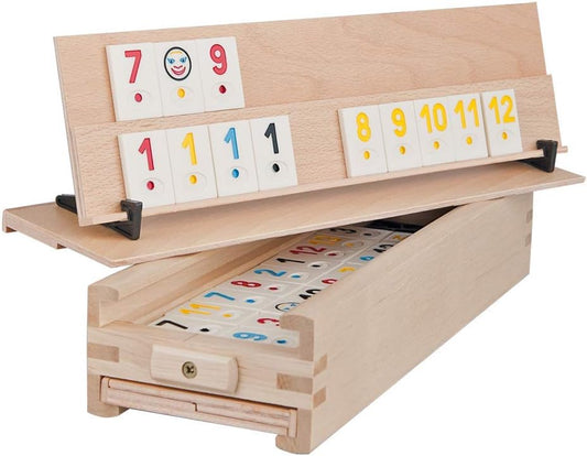 WOODTASTIC Rummy Game Medias - 106 tiles and a storage box made of solid beech wood.