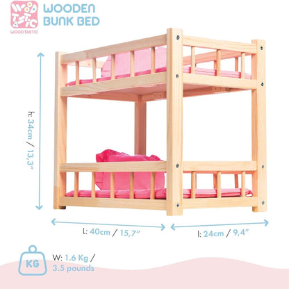 Holz Puppenetagenbett für Puppen bis 36 cm - Puppenbett Rosa mit Bettwäsche und Leiter