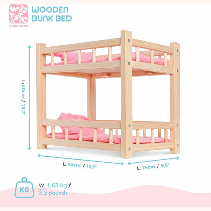 Holz Puppenetagenbett für Puppen bis 36 cm - Puppenbett Rosa mit Bettwäsche und Leiter