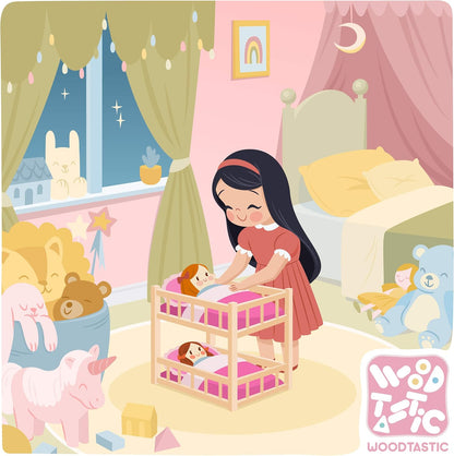 Holz Puppenetagenbett für Puppen bis 36 cm - Puppenbett Rosa mit Bettwäsche und Leiter