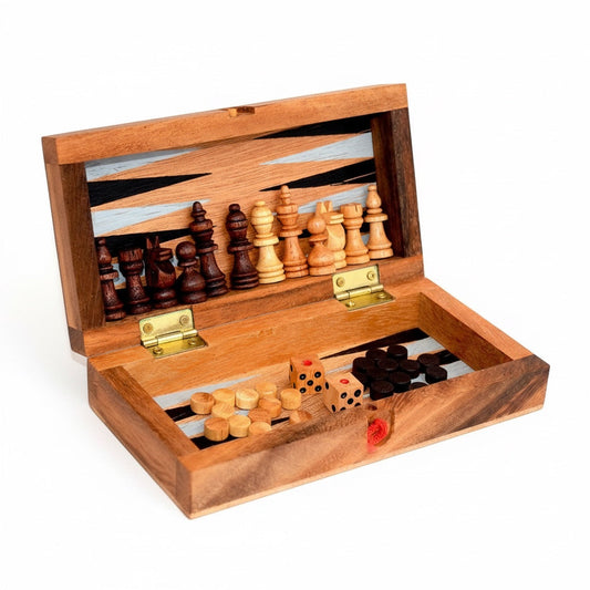 Backgammon Dame Schach Box Small - 3-in-1 Spielesammlung aus Holz für 2 Personen