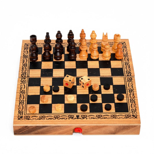 Backgammon Dame Schach Box Small - 3-in-1 Spielesammlung aus Holz für 2 Personen