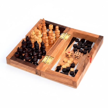 Backgammon Dame Schach Box Small - 3-in-1 Spielesammlung aus Holz für 2 Personen