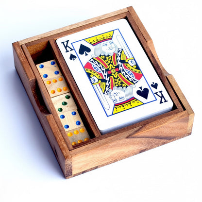 Kartenspiel und Würfelbox aus Holz - Praktische Spielesammlung für unterwegs