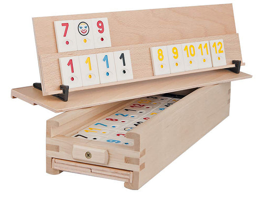 Rummy Holz Spiel mit 106 Spielsteinen - Brettspiel aus massivem Buchenholz mit Aufbewahrungsbox