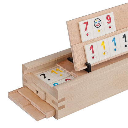 Rummy Holz Spiel mit 106 Spielsteinen - Brettspiel aus massivem Buchenholz mit Aufbewahrungsbox