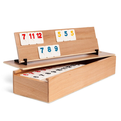 Rummy Holzspiel für 4 Spieler - Brettspiel aus massivem Buchenholz mit 106 robusten Spielsteinen
