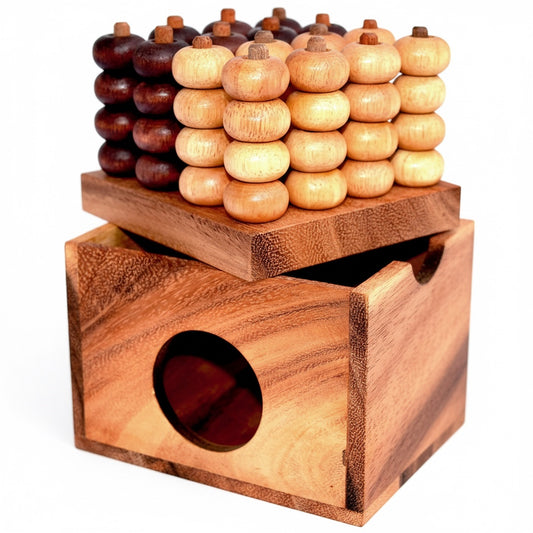 Woodtastic 3D Connect Four game with natural wood and dark wood pieces in a 4x4 grid.