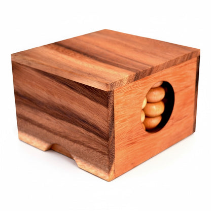 Woodtastic 5x5 Raumm√ºhle 3D strategy game, handcrafted from natural wood with a circular opening revealing wooden game pieces.