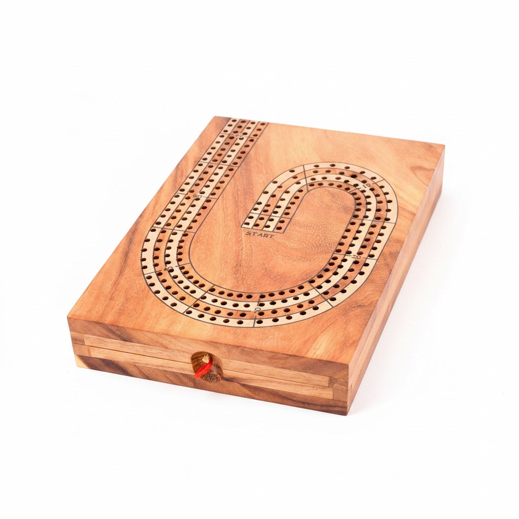 Woodtastic 4-player cribbage board made of Samanea wood with multiple scoring tracks and a start box.