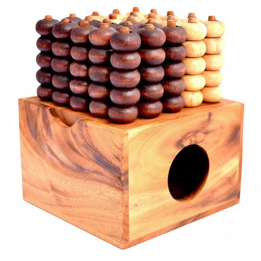 Woodtastic 5x5 3D Connect Four strategy game made of Samanea wood, featuring dark brown and natural wood pieces.