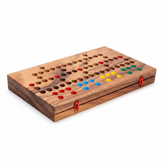 Woodtastic Barricade Blockade wooden board game with red, blue, yellow, and green playing pieces. Foldable design.