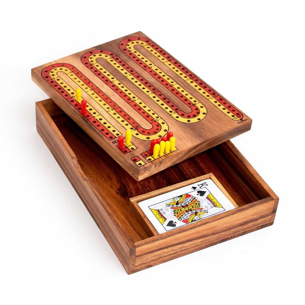 Woodtastic 2-player cribbage board game in a wooden box with red and yellow pegs and a king of spades card.