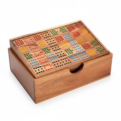 Woodtastic Domino 15 set with 136 wooden tiles in a wooden box. Tiles have colourful dots.