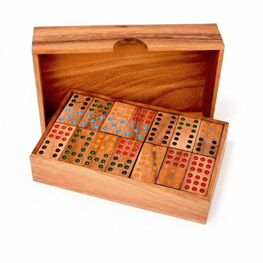 Woodtastic Domino 9 double nine large set with 56 wooden tiles in a wooden box. Tiles have coloured dots.