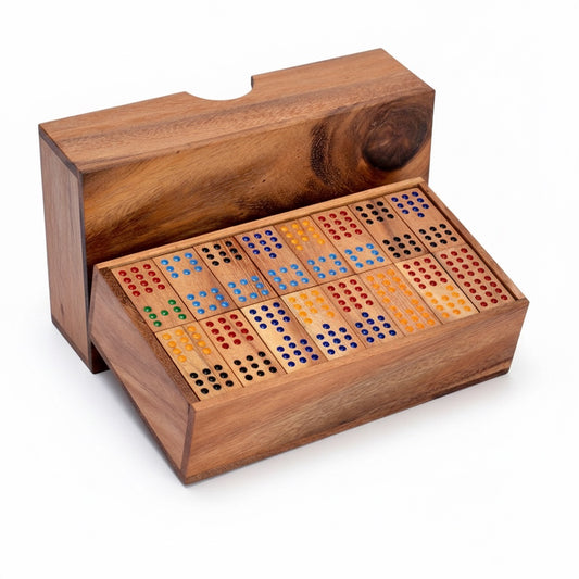 Woodtastic double-12 domino set with 91 wooden tiles and colourful dots in a wooden storage box.