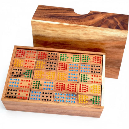 Woodtastic double 15 domino set with 136 wooden tiles in a wooden box. Tiles have coloured dots.