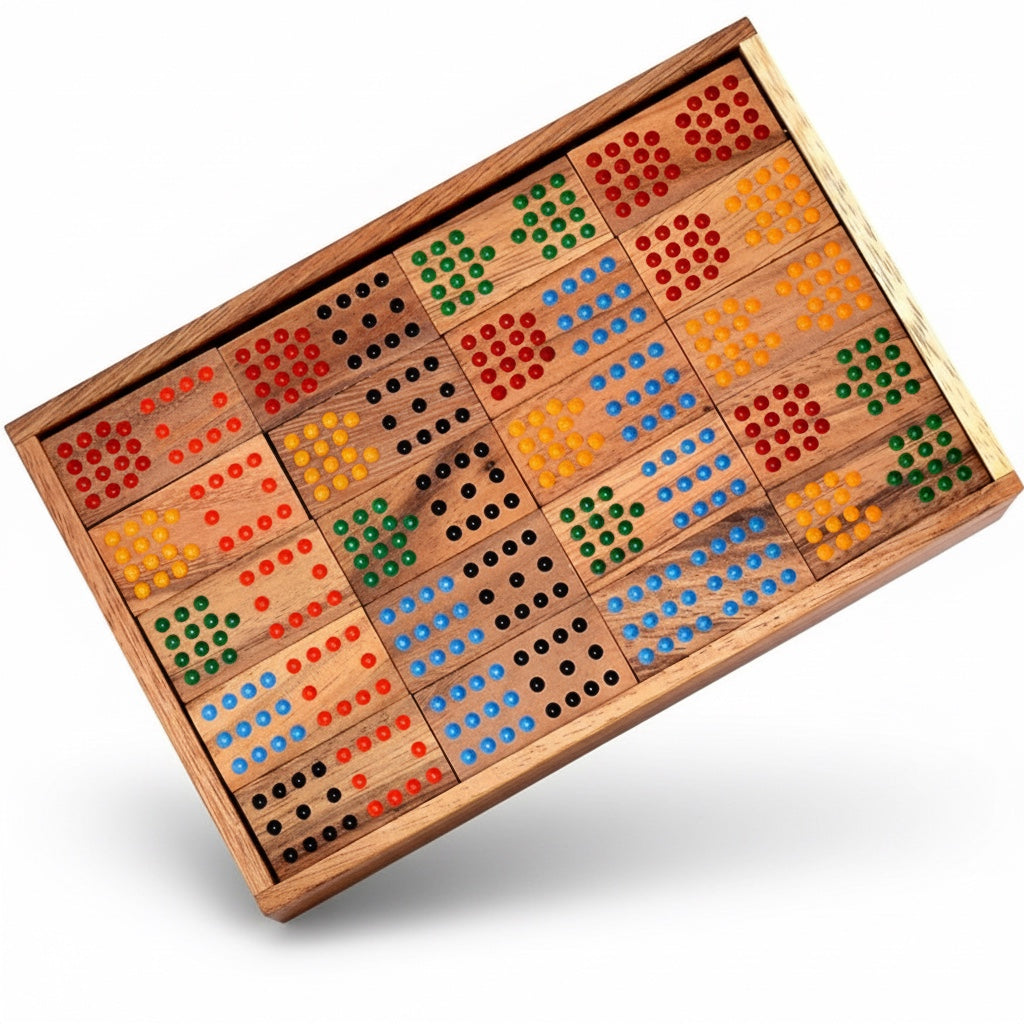 Woodtastic Domino 15 set with 136 double-15 wooden dominoes in a wooden box. Features colorful dots.