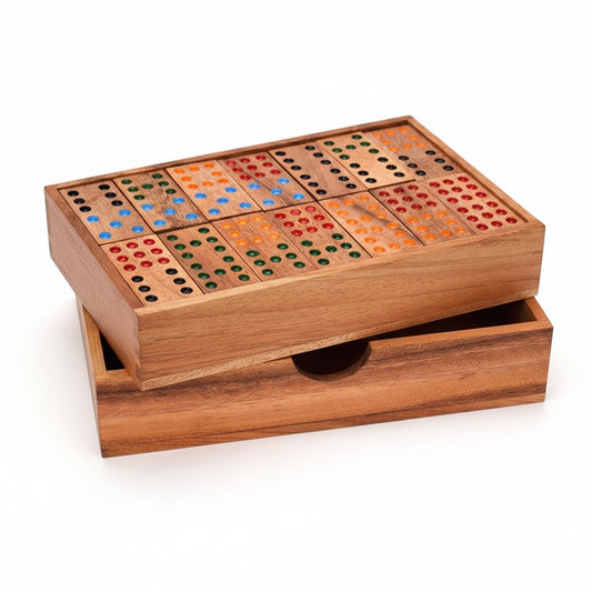 Woodtastic double-nine domino set in a wooden box with 56 wooden tiles featuring colorful dots.