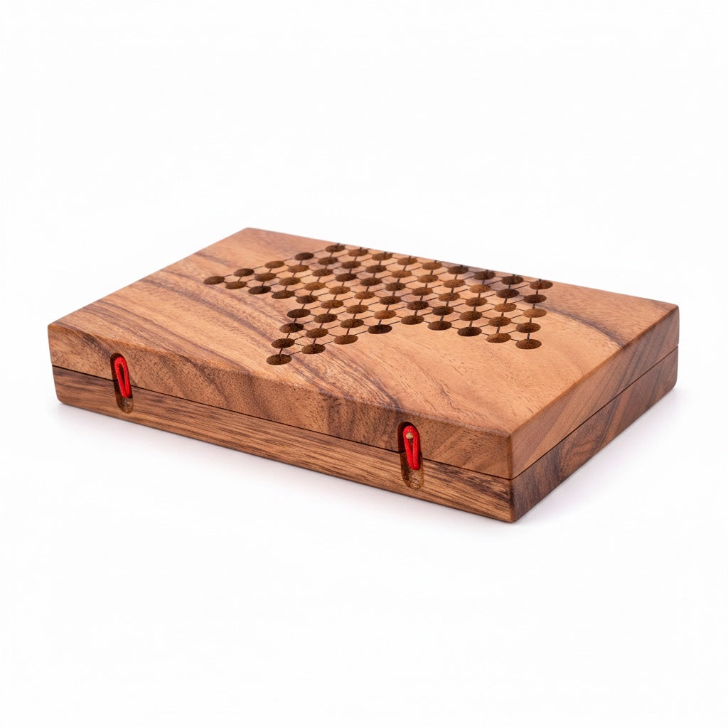 Woodtastic Sternhalma Chinese Checkers folding board game made of Samanea wood with engraved star pattern and red clasps.