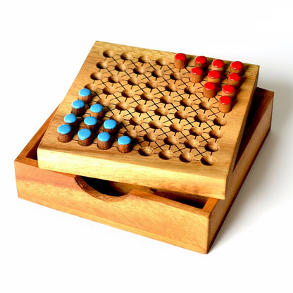 Woodtastic Halma board game for 2 players, made of natural wood with blue and red pegs. Compact travel size.