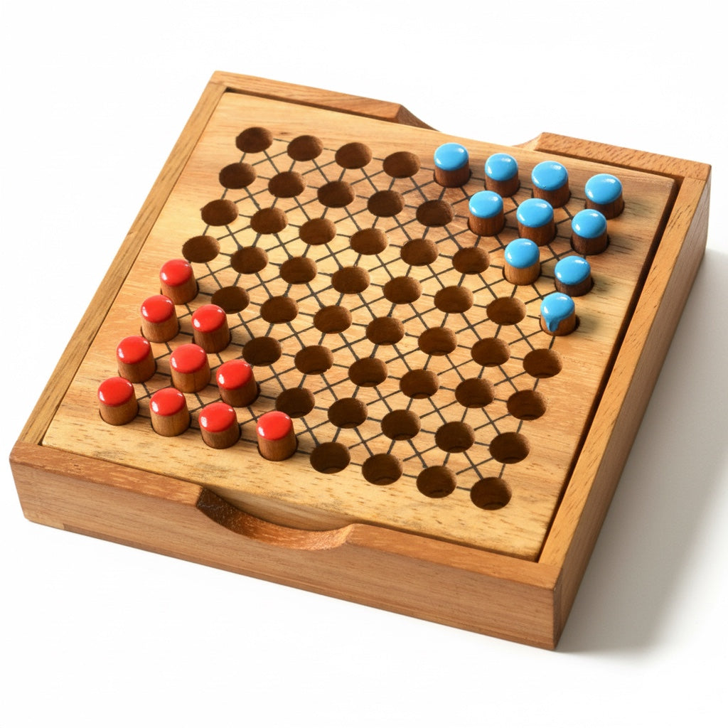 Woodtastic Halma game for 2 players in a compact wooden box with red and blue pegs. Travel-friendly strategy game.