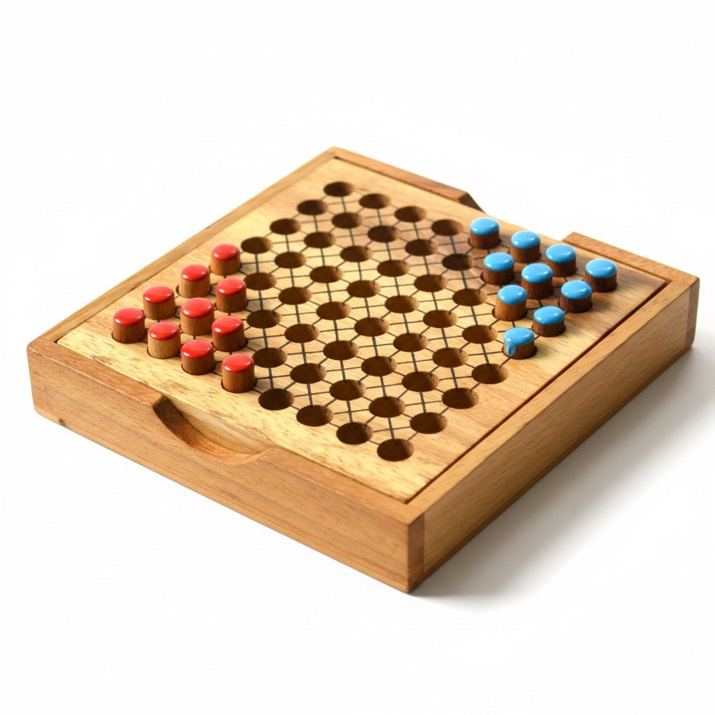 Woodtastic Halma game for 2 players in a compact wooden box with red and blue pegs. Travel-friendly strategy board game.