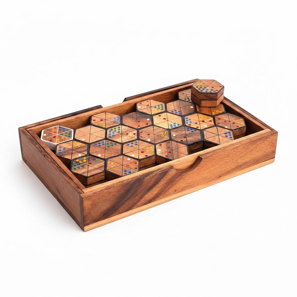 Woodtastic Hexadomino large hexagonal dominoes made of Samanea wood with colorful dots in a wooden box.