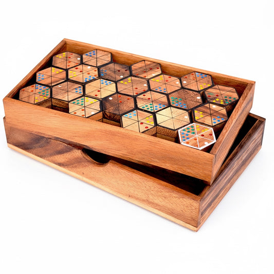 Woodtastic Hexadomino hexagonal dominoes game made of Samanea wood with colorful dots and lines, stored in a wooden box.