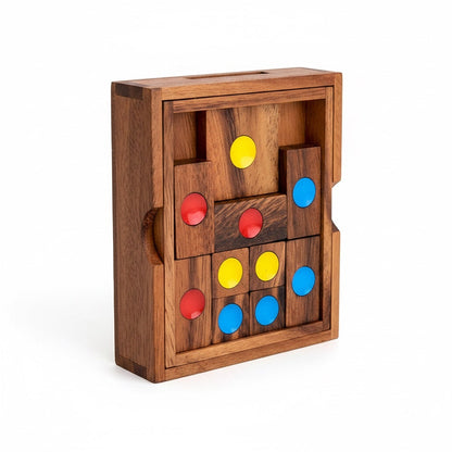 Woodtastic Khun Pan Large wooden sliding block puzzle with red, yellow, blue, and green balls. For puzzle professionals.