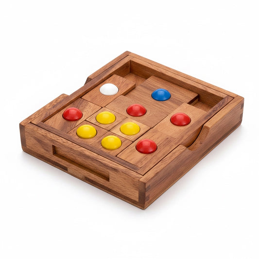 Woodtastic Khun Pan Large wooden sliding puzzle with red, yellow, blue, and green balls. Multiple configurations shown.