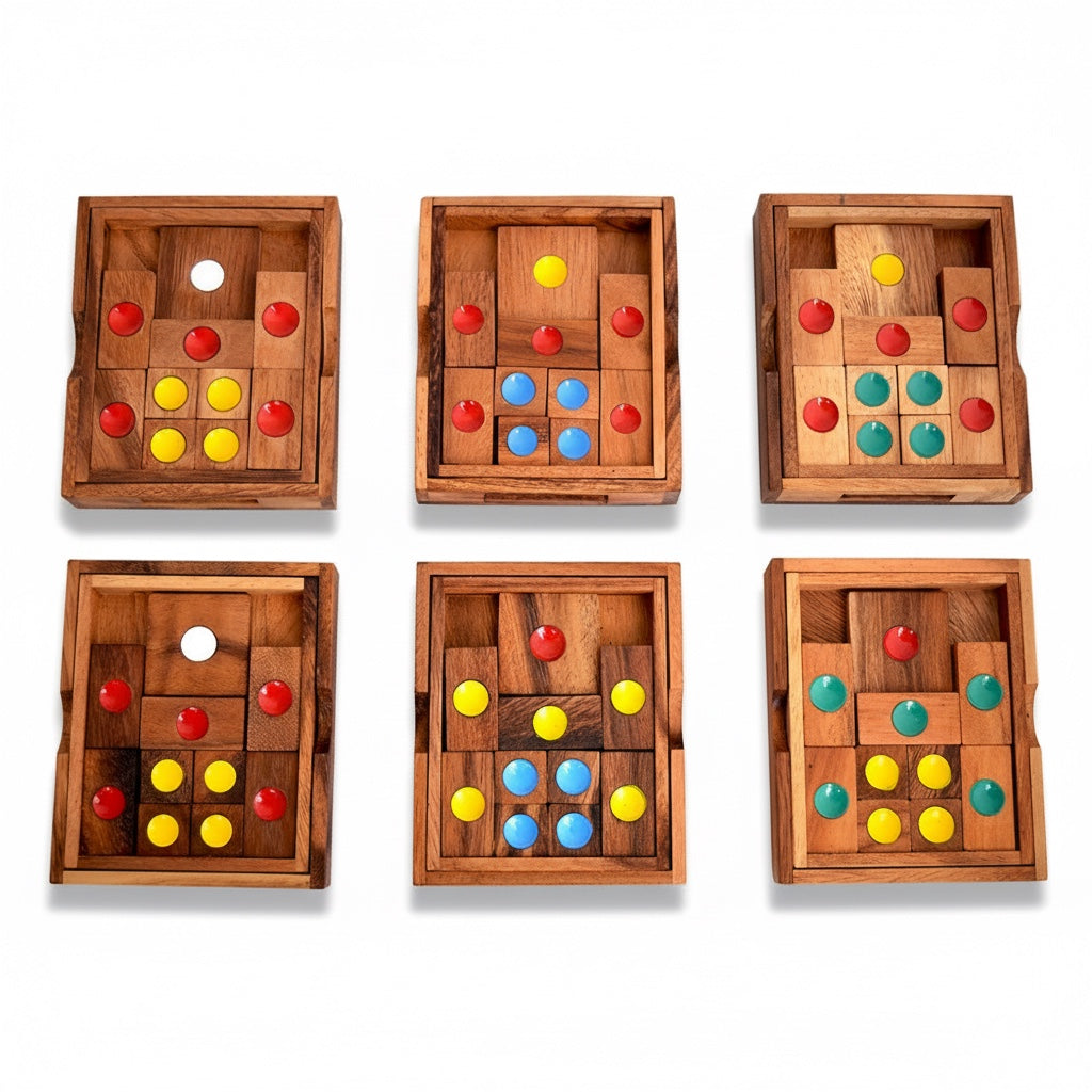 Woodtastic Khun Pan Large wooden sliding puzzle with red, yellow, blue, and green balls. Multiple configurations shown.