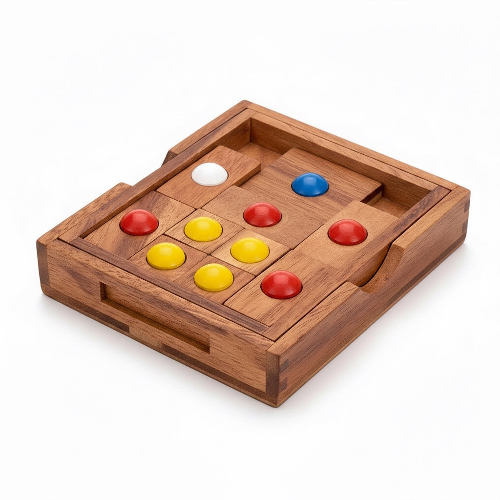Woodtastic Khun Pan Large wooden sliding puzzle with red, yellow, blue, and white balls.