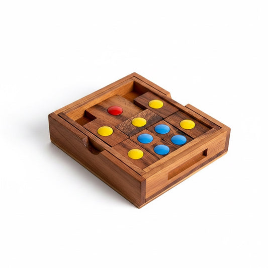 Woodtastic Khun Pan Medium wooden escape puzzle with red, yellow, blue, and green balls. Multiple starting positions shown.