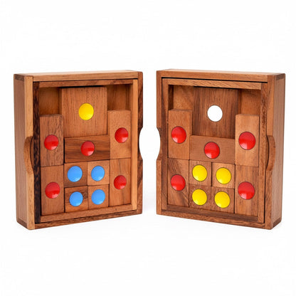 Woodtastic Khun Pan Medium wooden escape puzzle with red, blue, and yellow circular pieces. Two puzzle configurations shown.