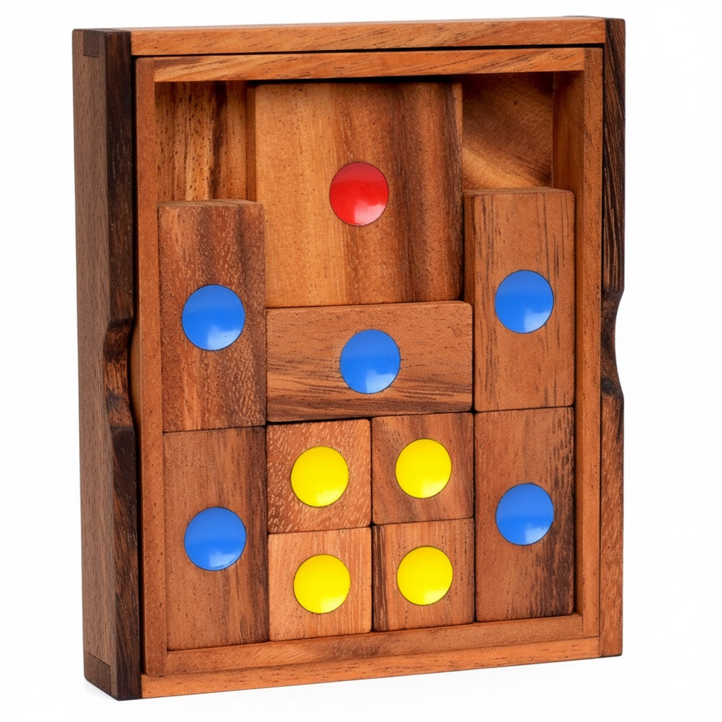 Woodtastic Khun Pan Medium wooden escape puzzle with red, blue, and yellow circular pieces. Handcrafted from Samanea wood.