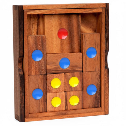 Woodtastic Khun Pan Medium wooden escape puzzle with red, blue, and yellow circular pieces. Handcrafted from Samanea wood.