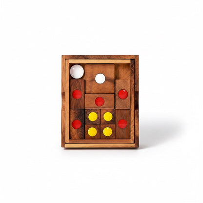 Woodtastic Khun Pan Medium wooden escape puzzle with red, yellow, blue, and green balls. Multiple starting positions.