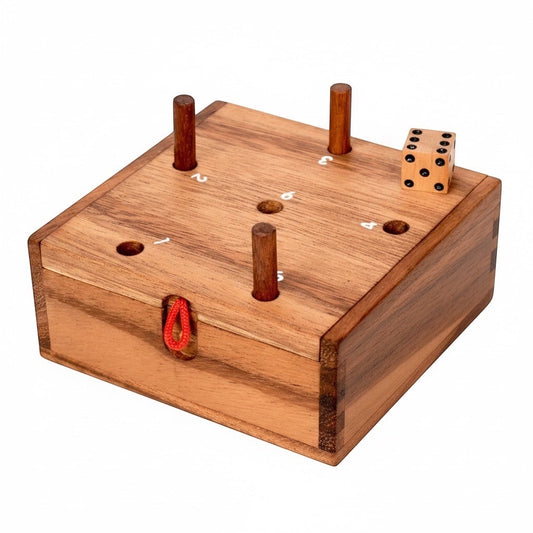 Woodtastic Kistenspiel "Warum immer Ich" wooden dice game made from Samanea wood with pegs and dice.
