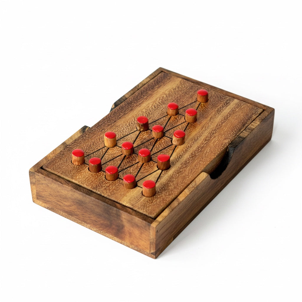 Woodtastic Last Fighter large wooden solitaire game with red pegs arranged in a triangle on a wooden board.