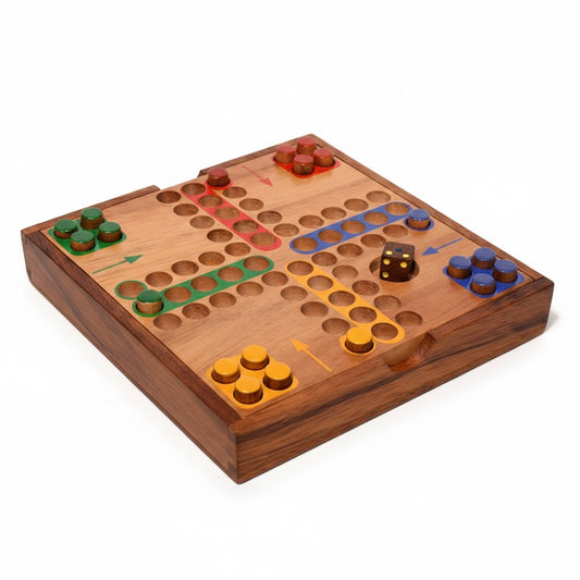 Woodtastic Ludjamgo box game, a wooden Ludo game with 4 player sets in green, red, yellow, and blue. Includes a wooden die.