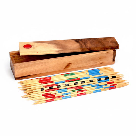 Woodtastic Mikado game with colorful wooden sticks in red, blue, green, and black, stored in a wooden box.