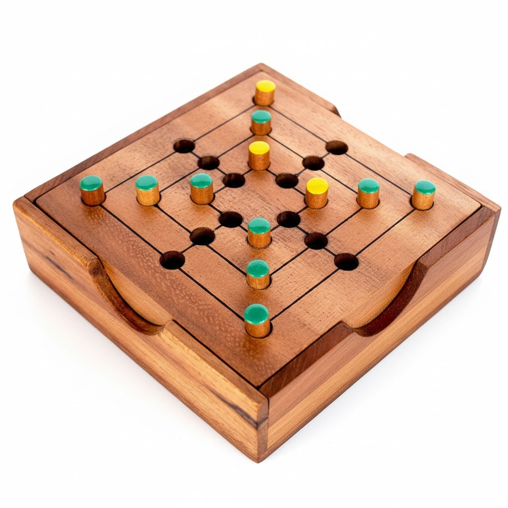 Woodtastic small wooden Nine Men's Morris game box with green and yellow playing pieces. Compact travel game.