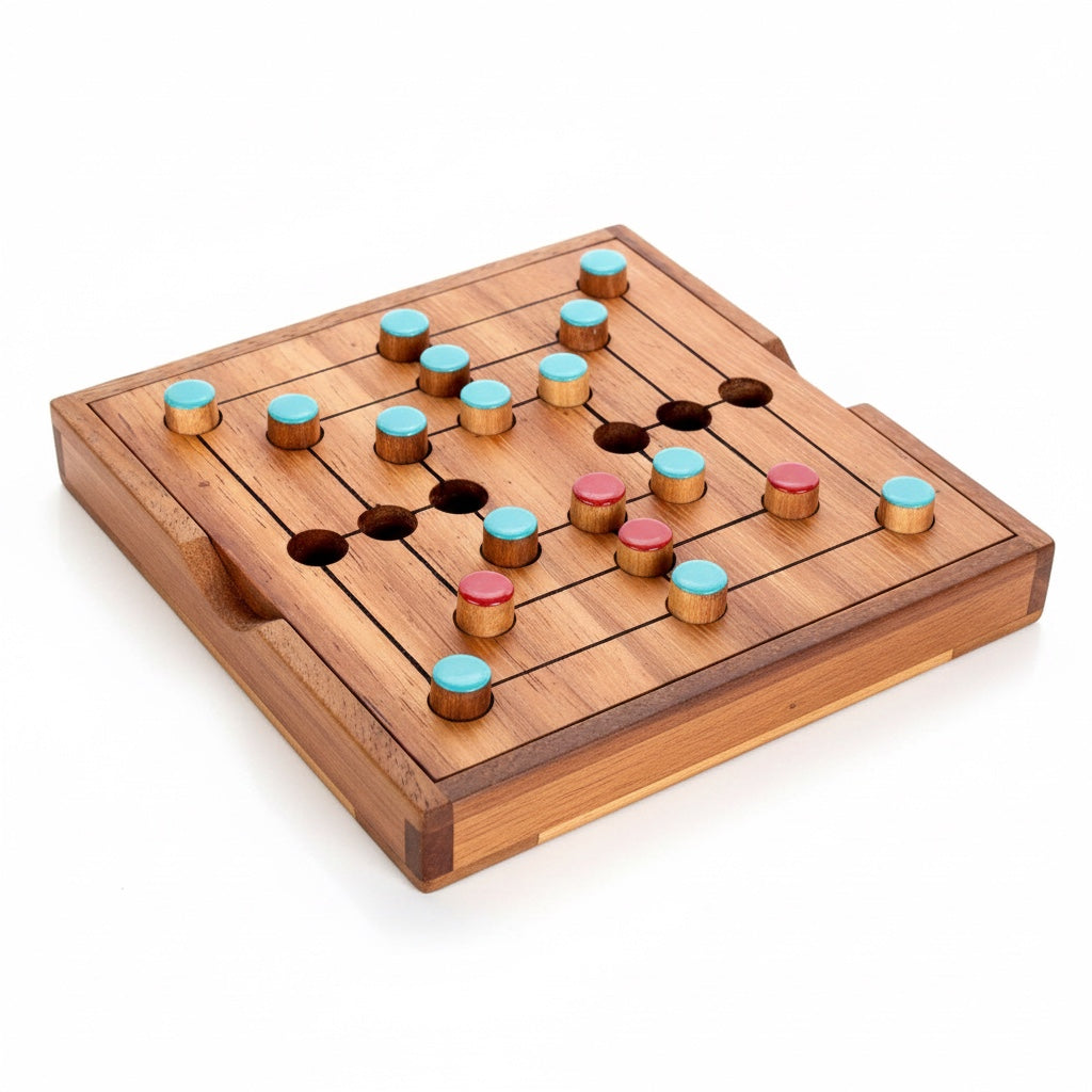 Woodtastic large Nine Men's Morris board game made of Samanea wood with red and blue playing pieces.