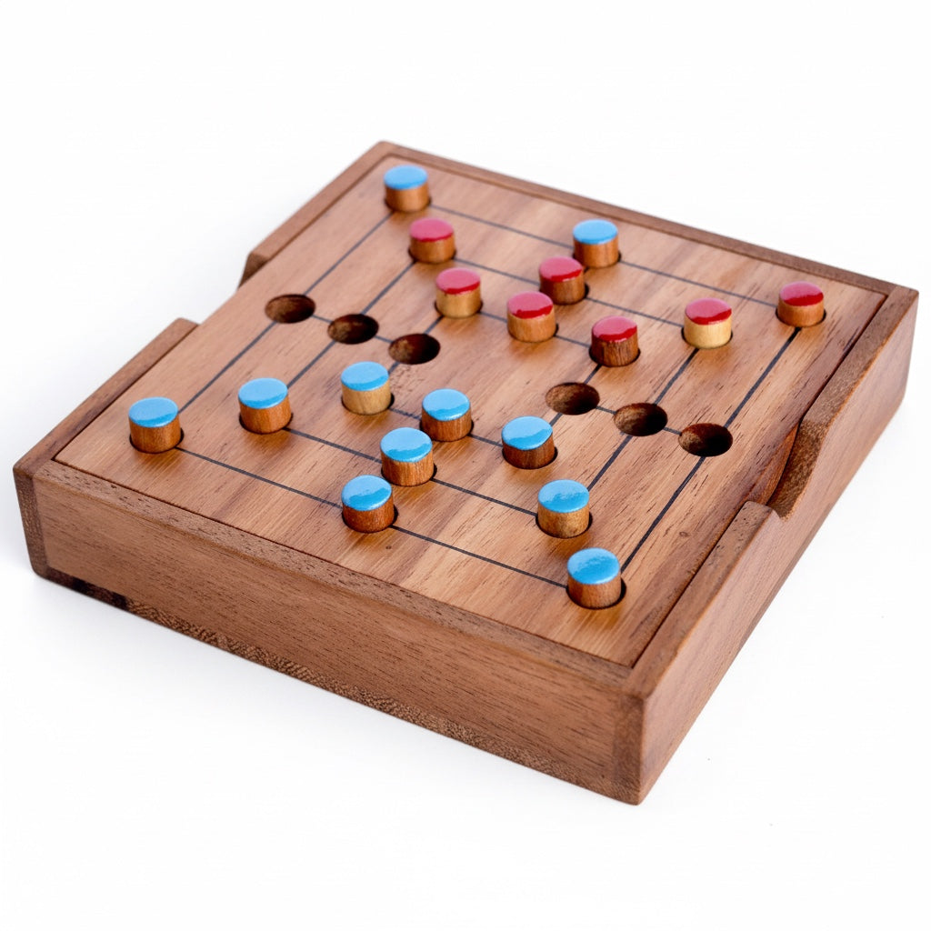 Woodtastic large Nine Men's Morris game board made of Samanea wood with red and blue wooden playing pieces.