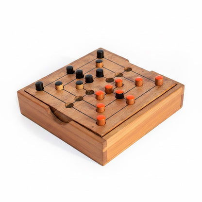 Woodtastic small wooden Nine Men's Morris game box with black and orange playing pieces.