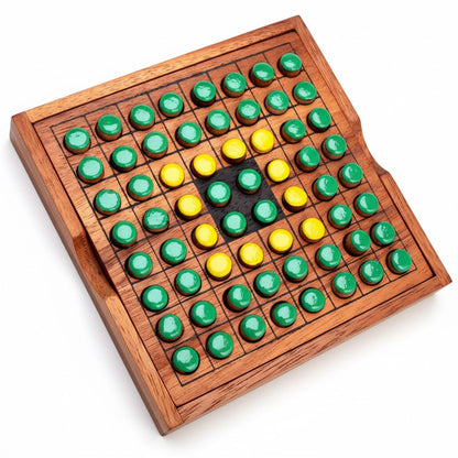 Woodtastic Othello Reversi large wooden board game with green and yellow discs. Features a handcrafted Samanea wood board.