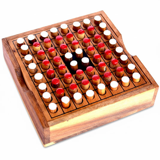 Woodtastic Othello Reversi game board made of Samanea wood with red and white playing pieces. Small size.